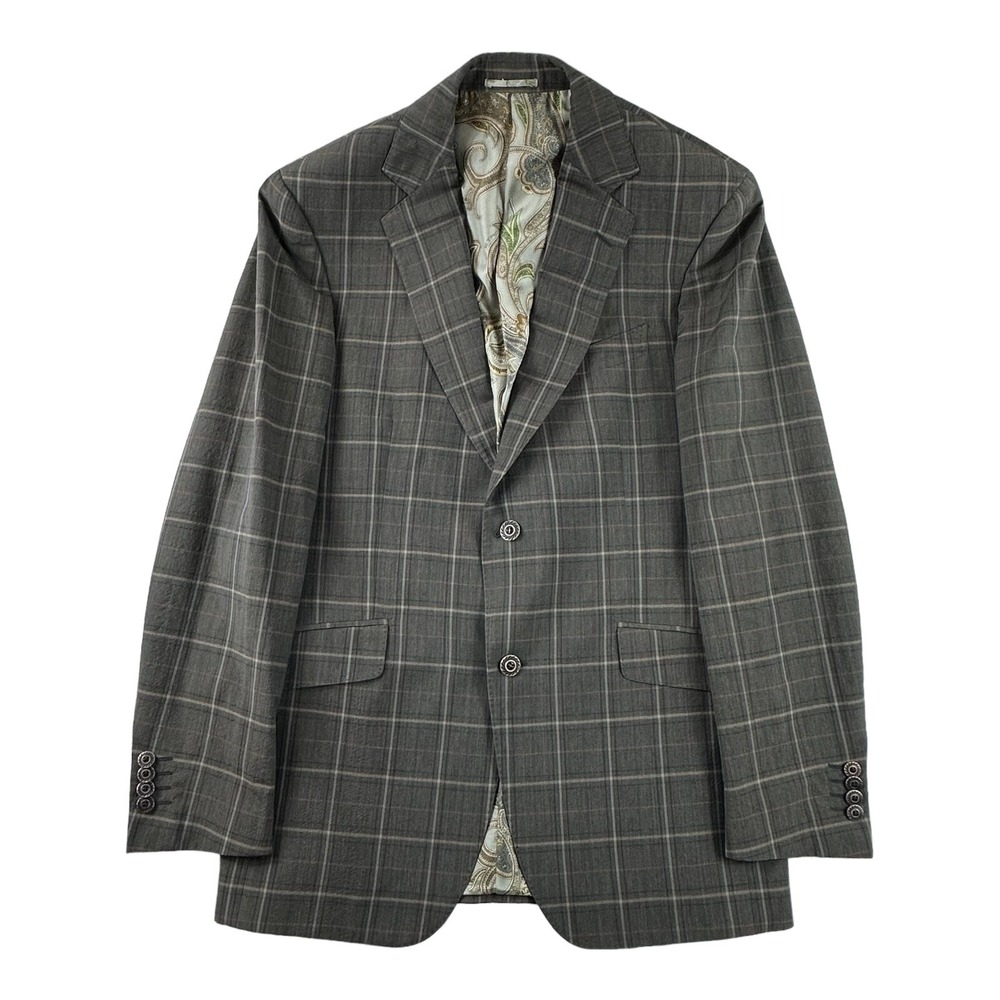 Etro Mens Brown Blue Orange Checked Silk Lined Blazer Size 40R IT 50